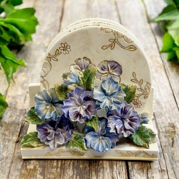 Vintage Ceramic Pansy Flower 3D Sculpture Coaster Holder with Coasters - Picture 1 of 10
